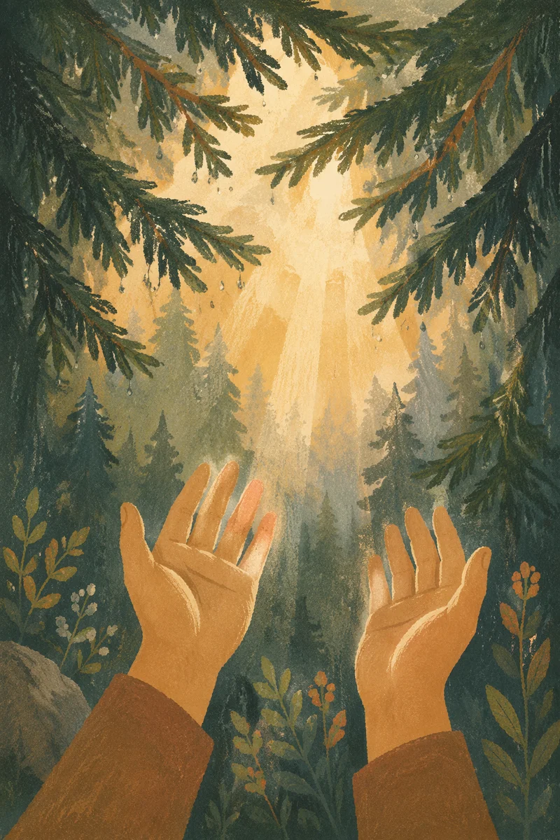 Hands Reaching Toward Forest Morning Light