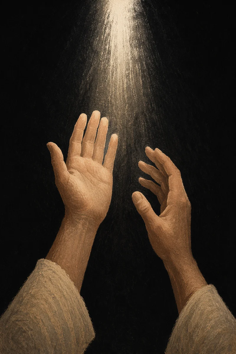 Hands Reaching Toward Hopeful Light
