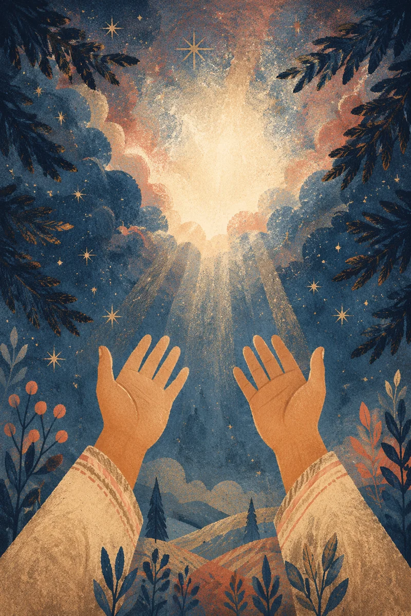 Hands Reaching Toward Celestial Forest Light