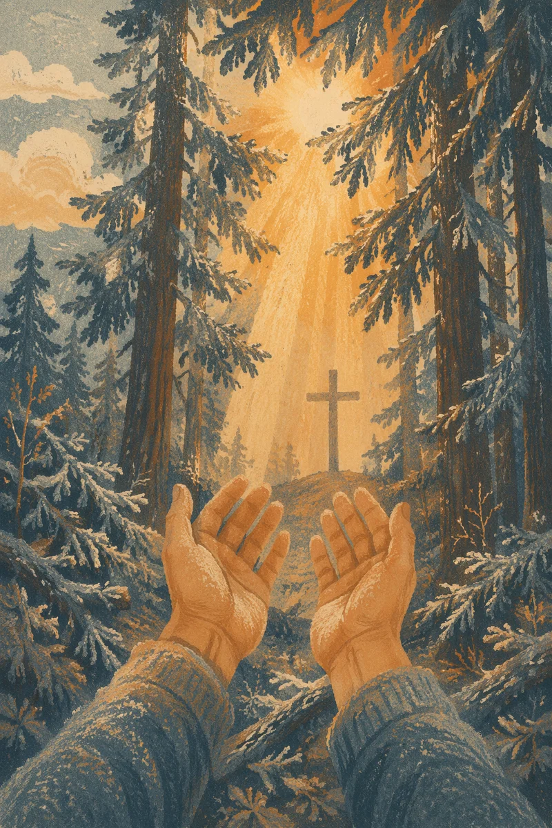 Hands Reaching Toward Light in Evergreen Prayer