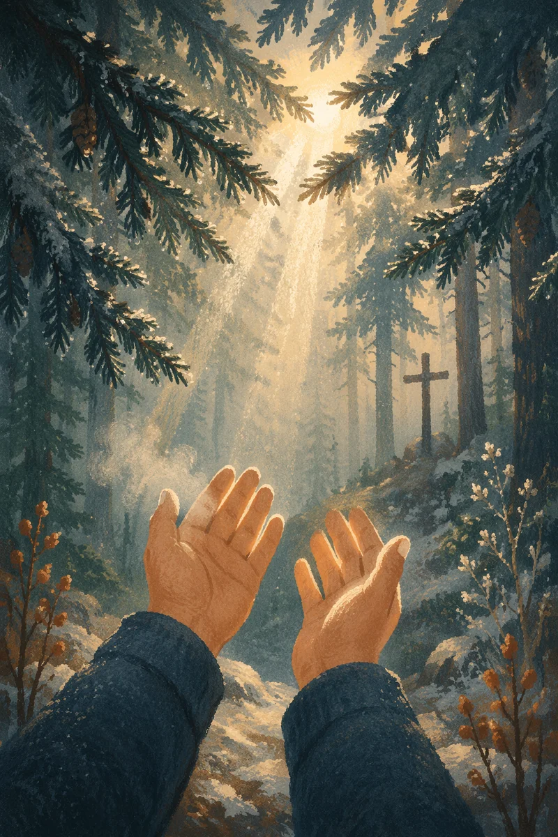 Hands Reaching Toward Winter Forest Light