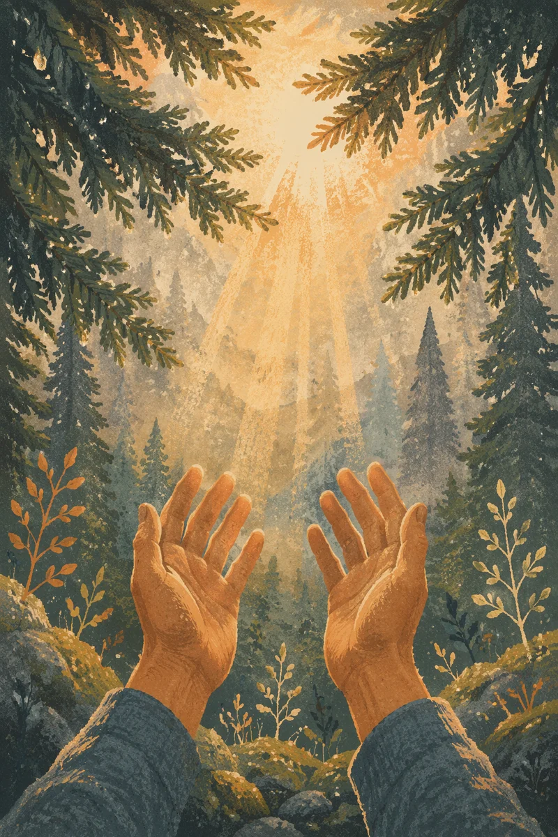 Hands Reaching Toward Evergreen Morning Light