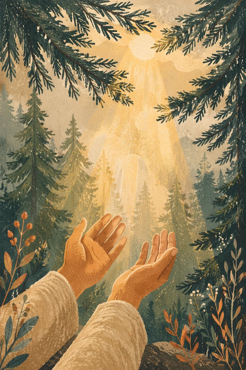 Open Hands Reaching Toward Evergreen Morning Light