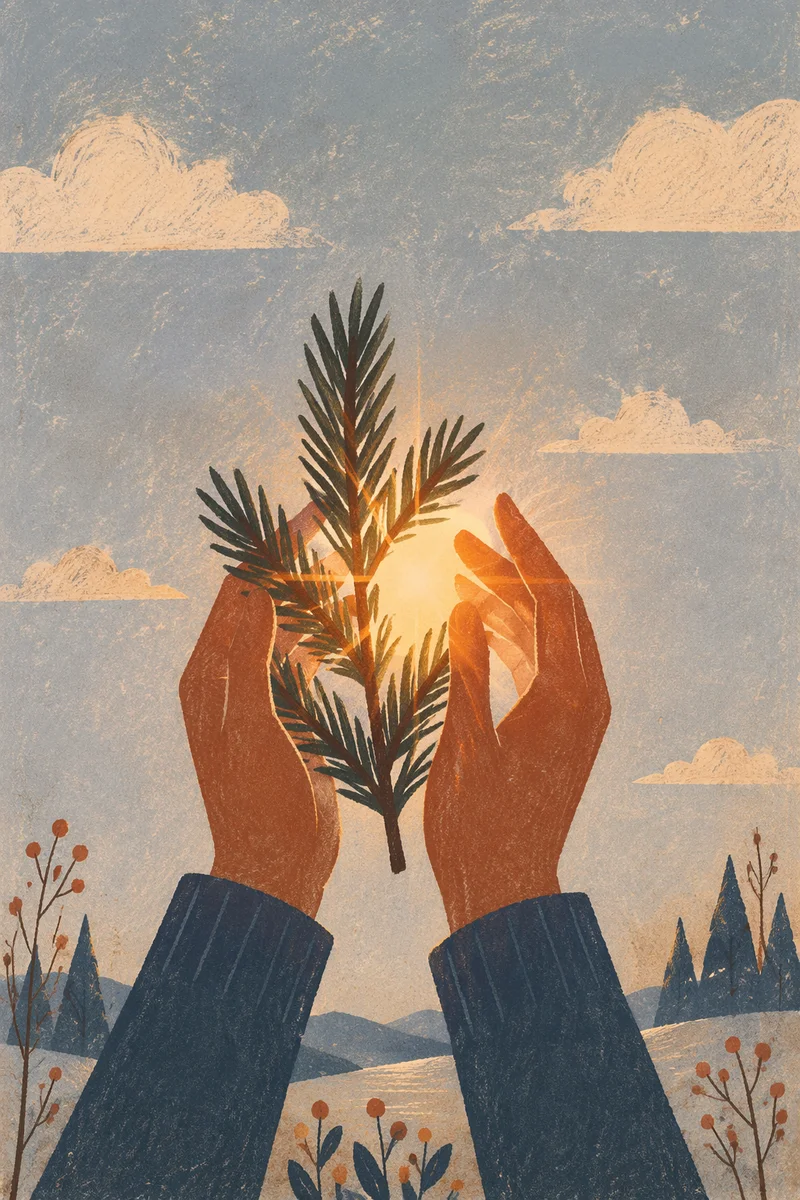 Hands Reaching Toward Winter Sunlight With Evergreen