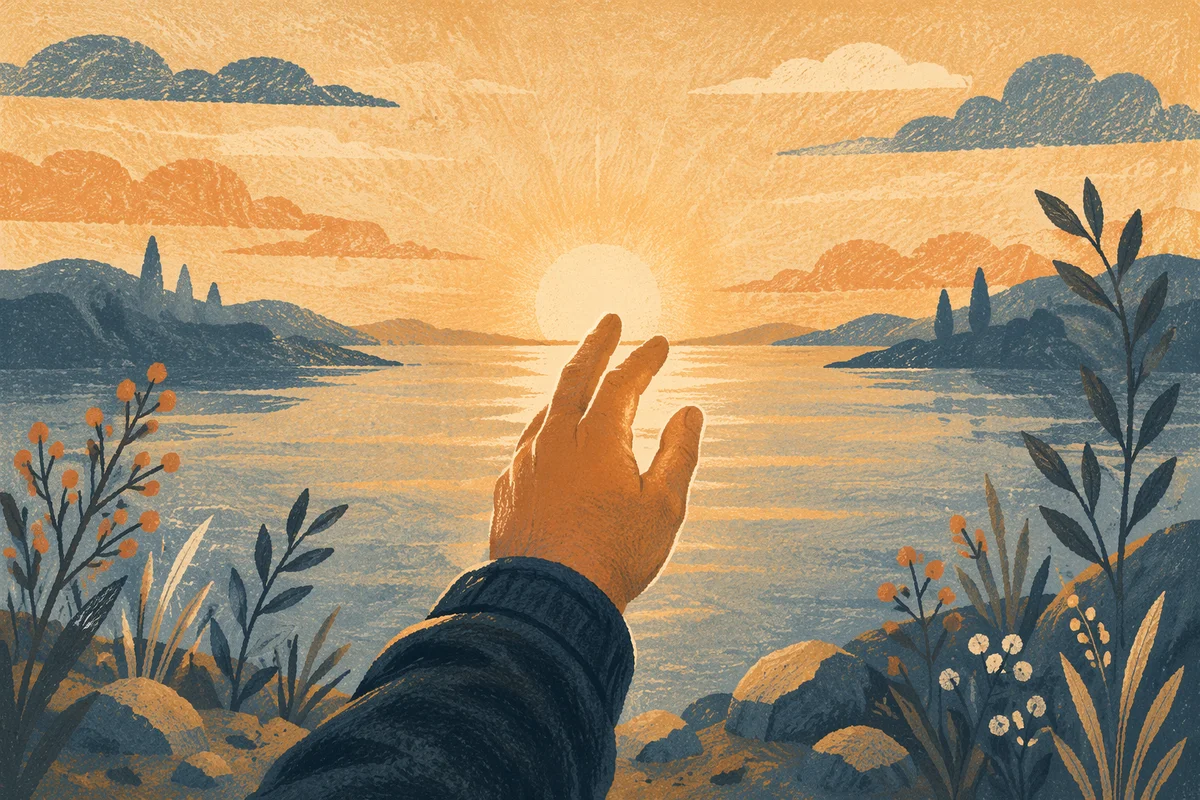 Hand Reaching Toward Sunrise Light