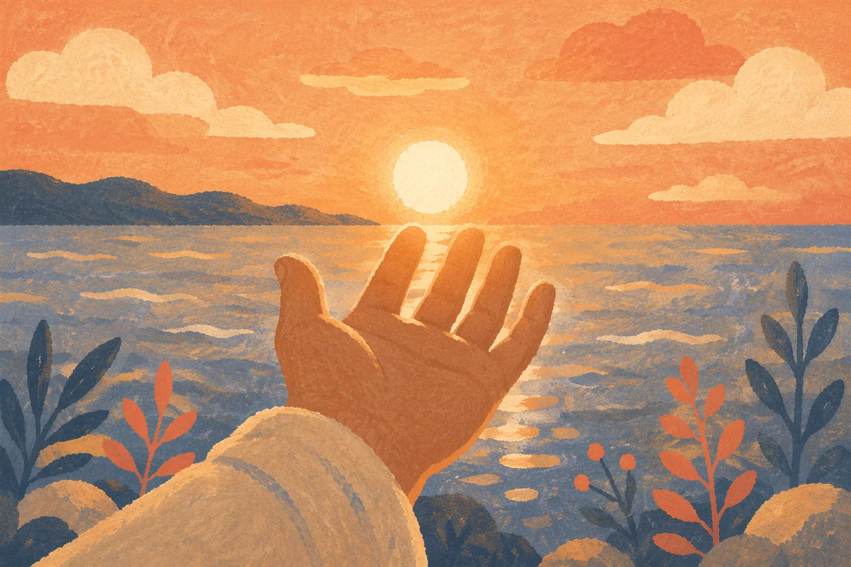Hopeful Hand Reaching Toward Sunset Light
