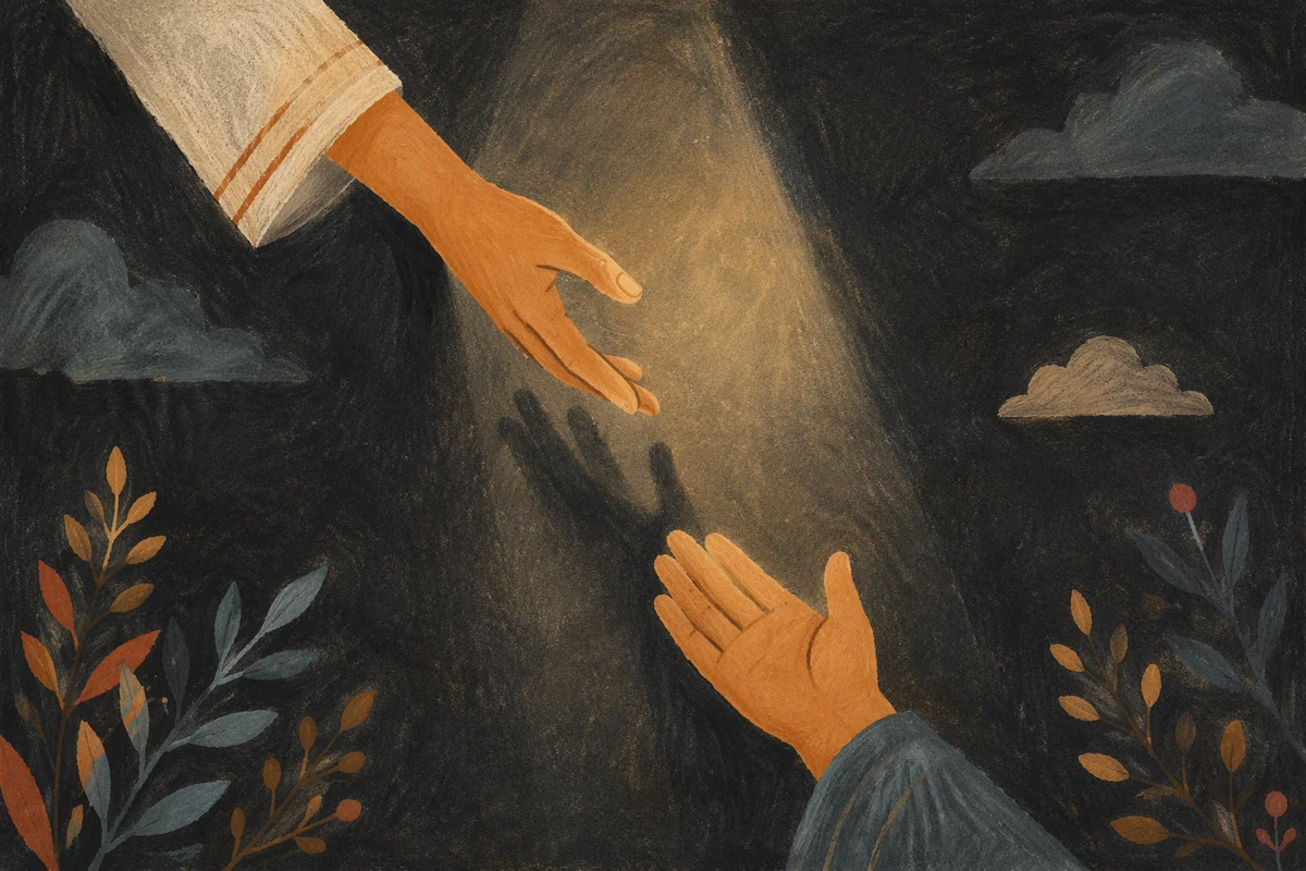 Hands Reaching Toward Hopeful Light