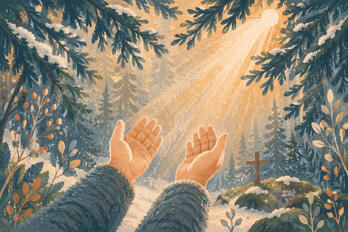 Hands Reaching Toward Light in Evergreen Forest
