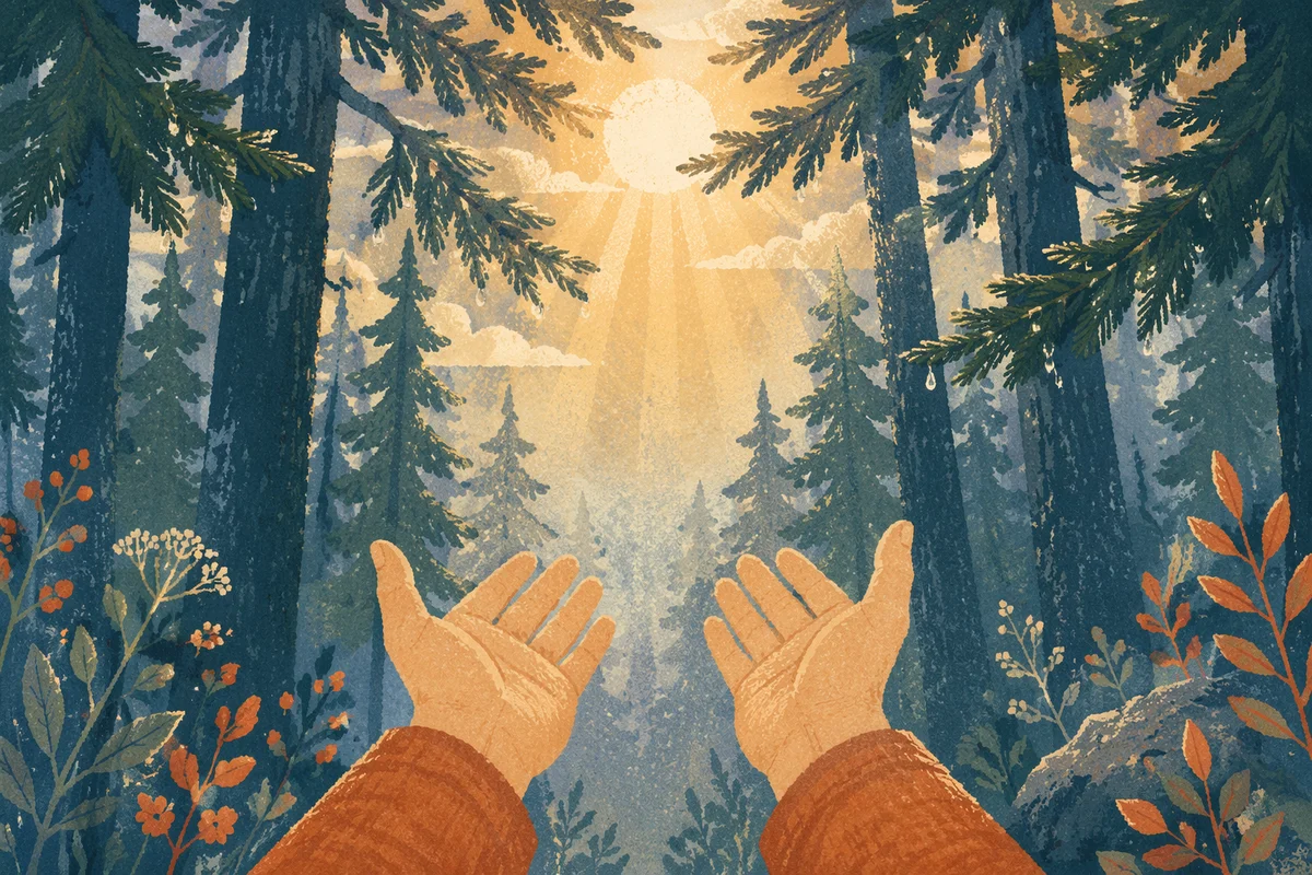 Open Hands Reaching Toward Forest Light