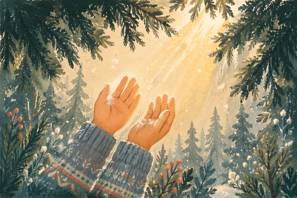 Hands Reaching Toward Golden Forest Light