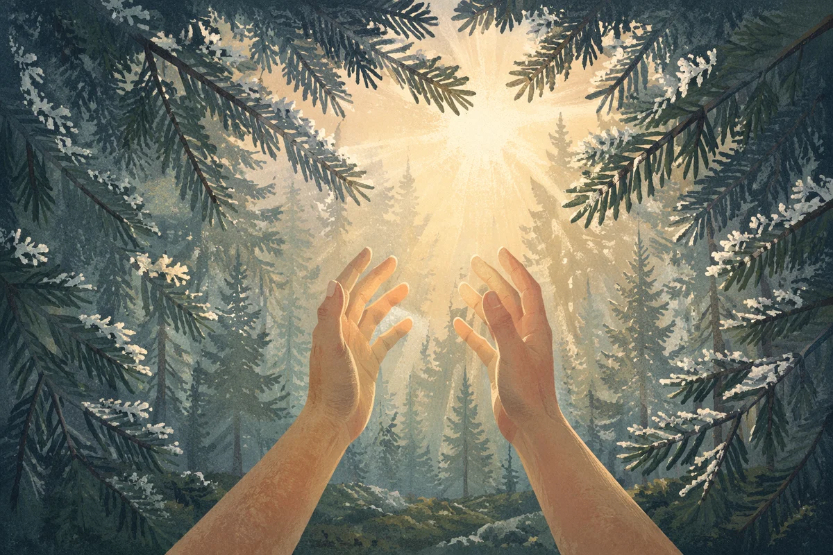 Hands Reaching Through Evergreen Morning Light
