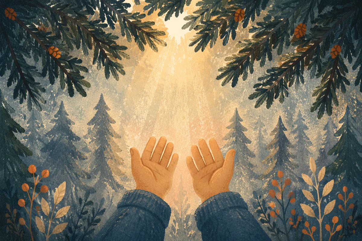 Hands Reaching Toward Light in Evergreens