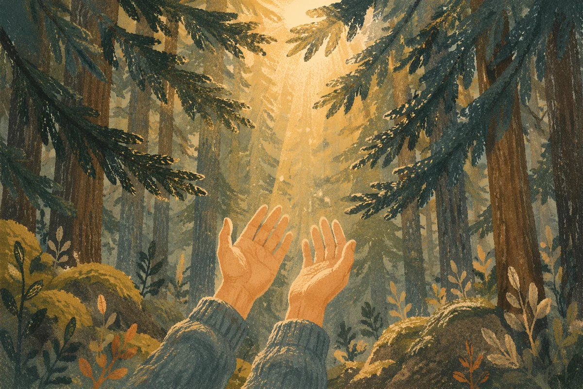 Hands Reaching Toward Light in Evergreens