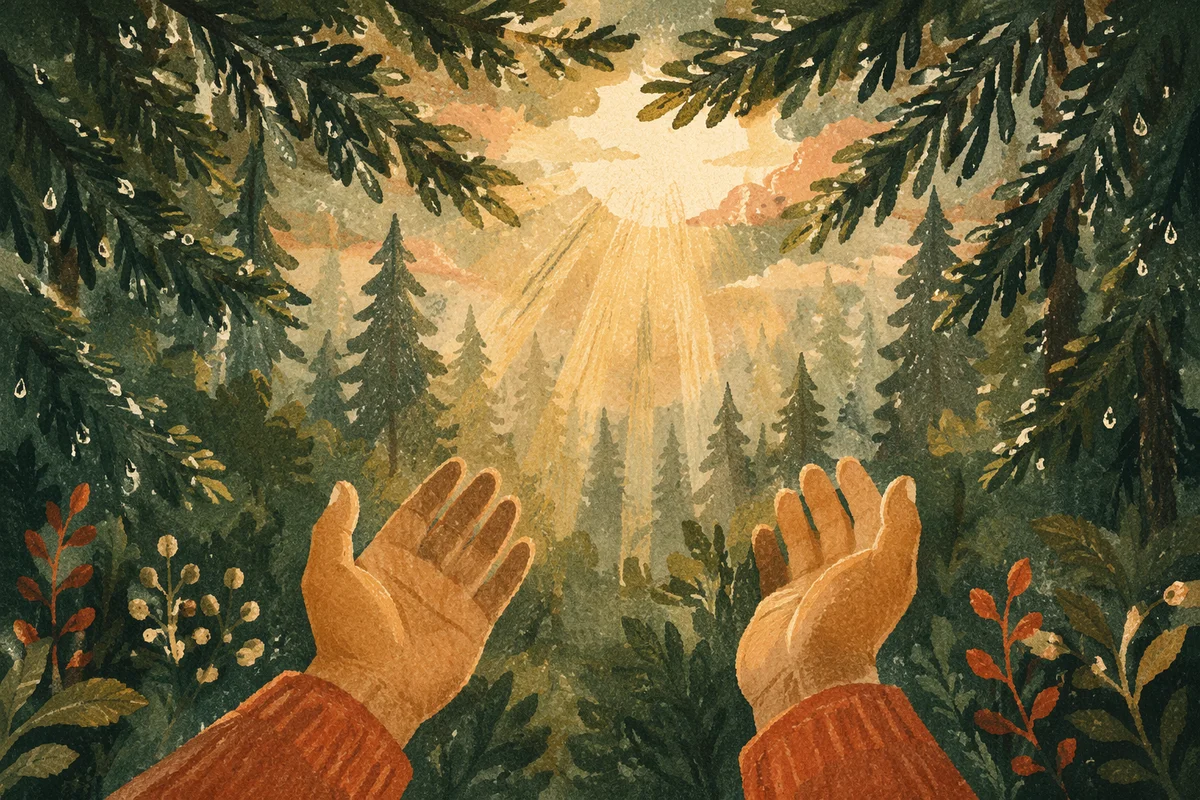 Hands Reaching for Light in Evergreen Forest