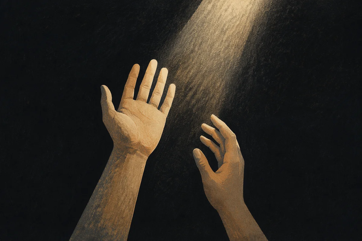 Hands Reaching Toward Hopeful Light