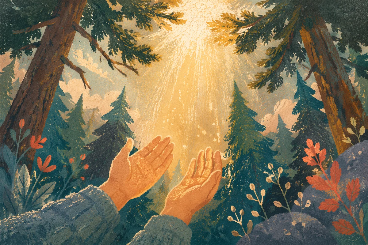 Hands Reaching Toward Light in Evergreen Forest