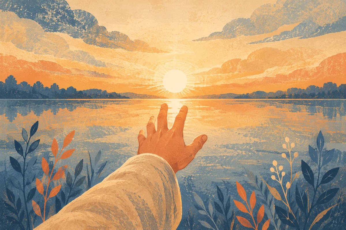Hand Reaching Toward Golden Horizon Light