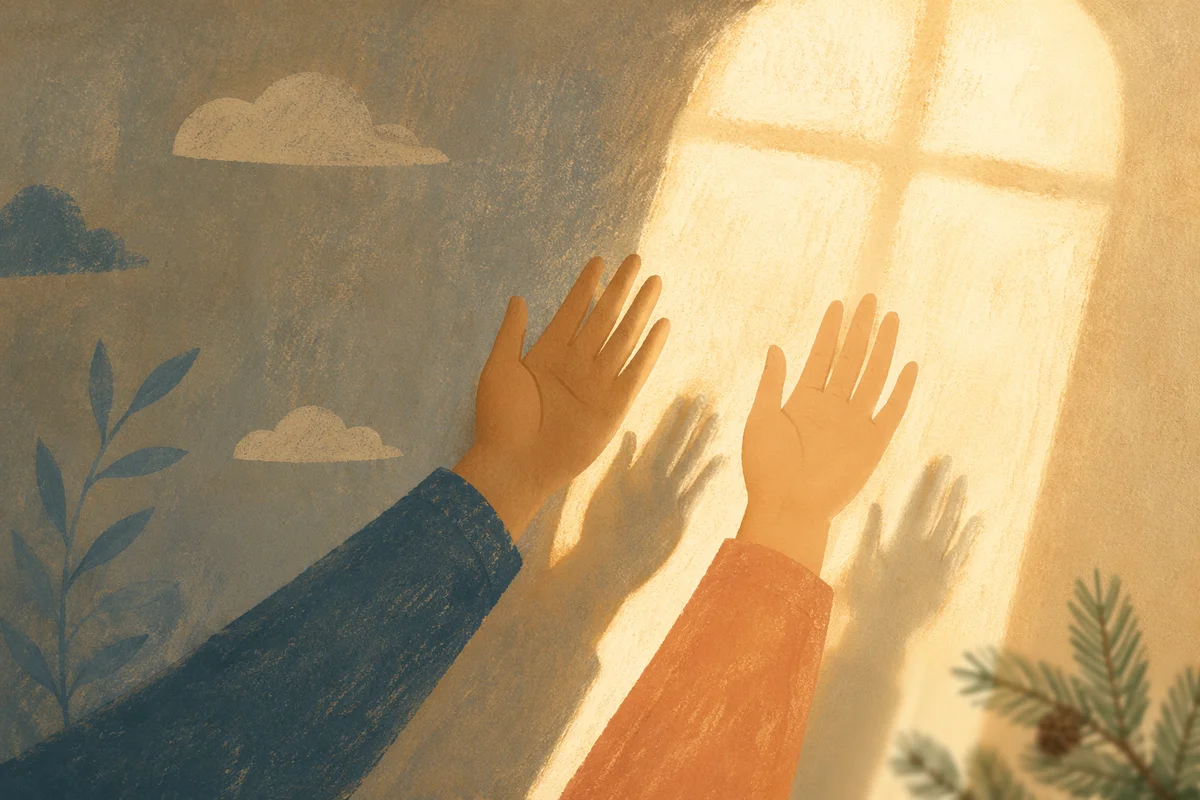 Praying Hands Reaching Toward Sunlit Hope