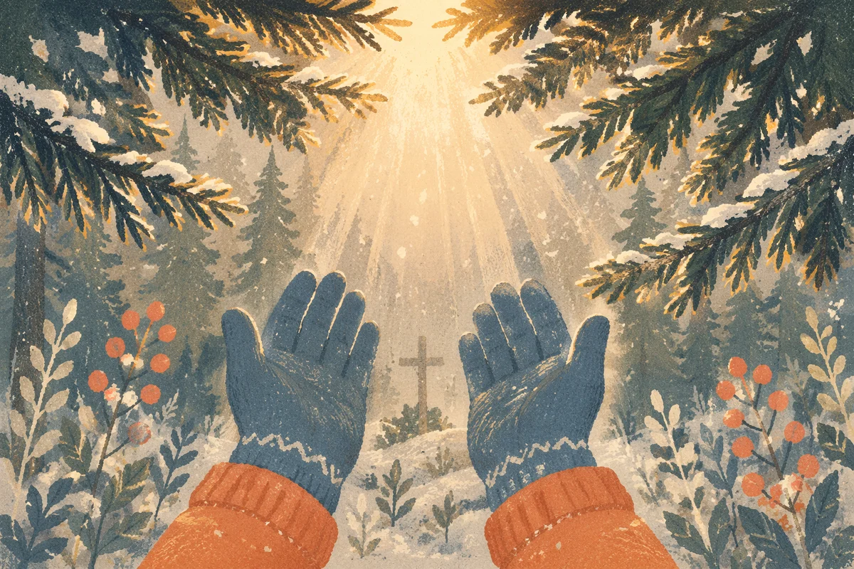 Gloved Hands Reaching Toward Winter Light