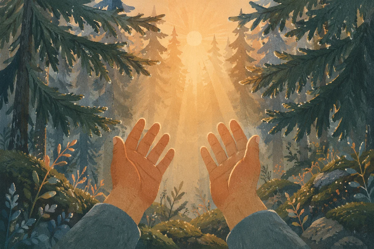 Hands Reaching Toward Morning Forest Light
