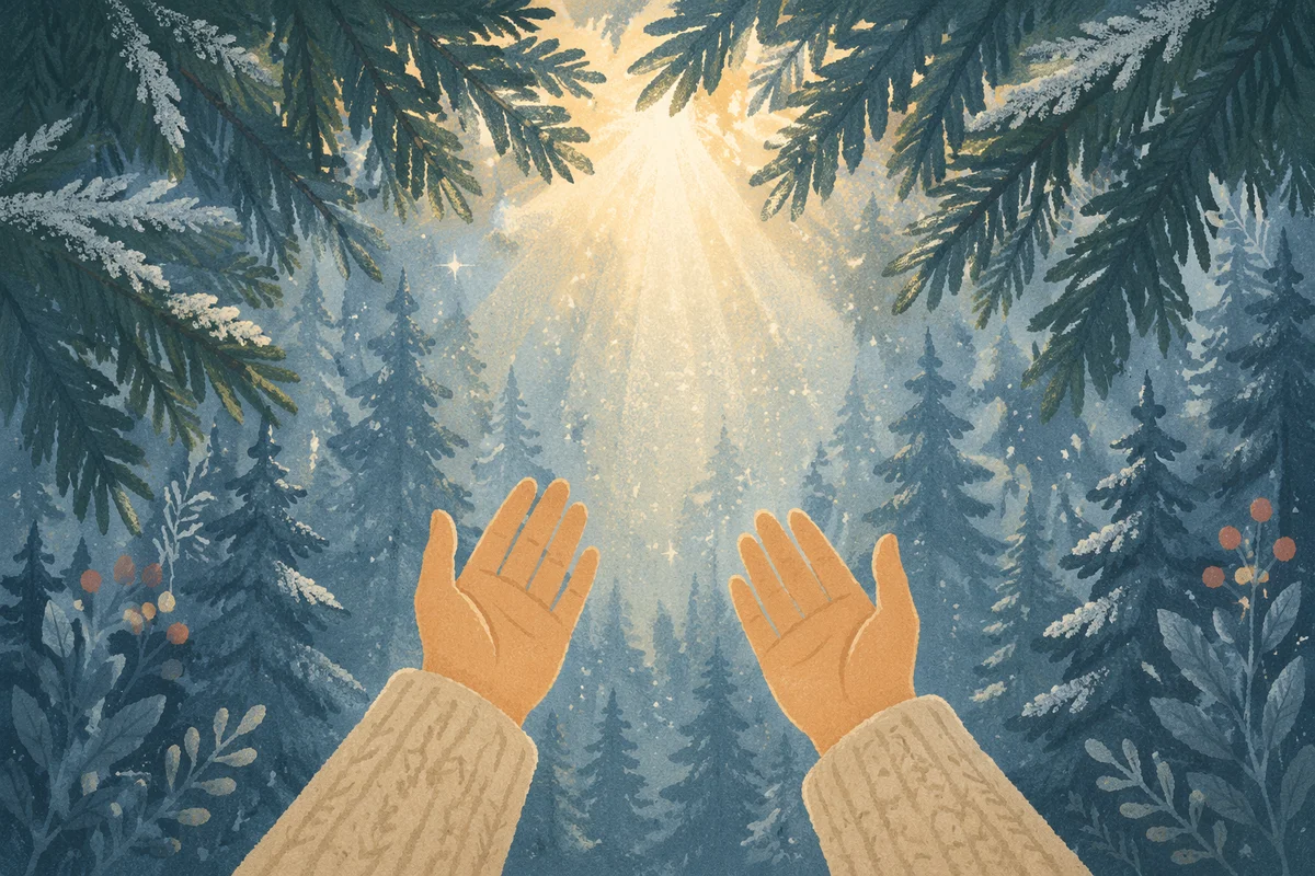 Hands Reaching Toward Morning Light in Evergreens