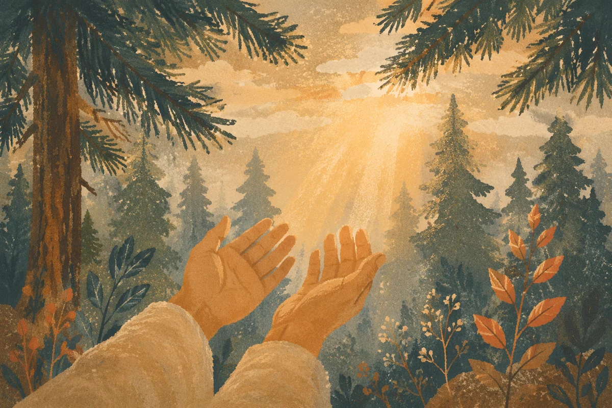 Open Hands Reaching Toward Forest Light
