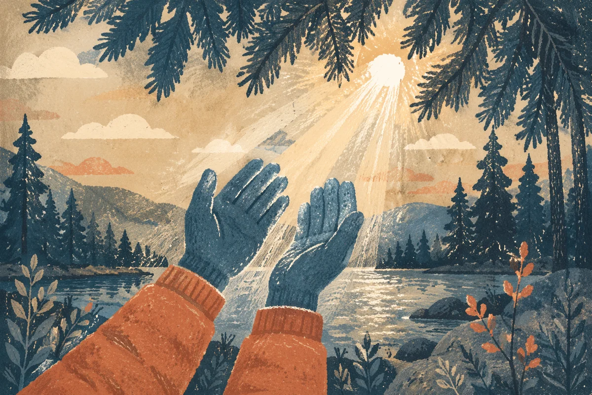 Hands Reaching Toward Forest Light