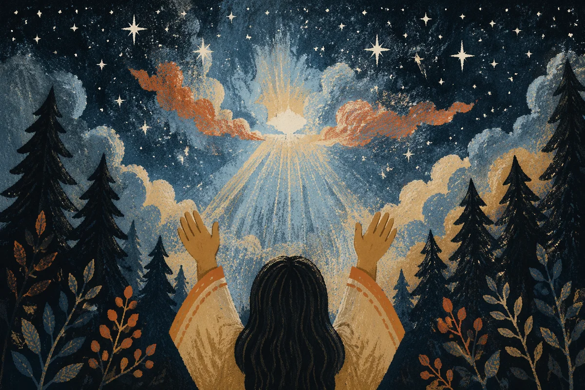 Hands Reaching Toward Celestial Forest Light