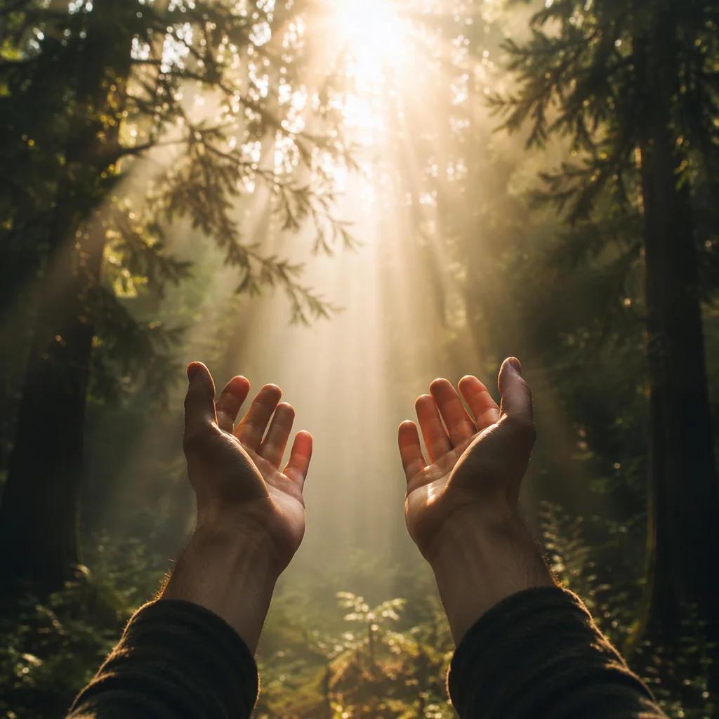Hands Reaching Toward Forest Sunlight