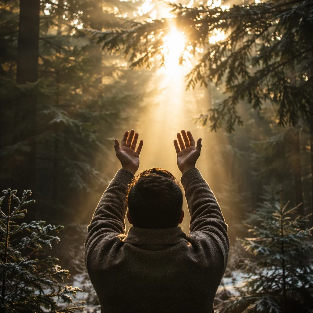 Hands Reaching Toward Golden Forest Light