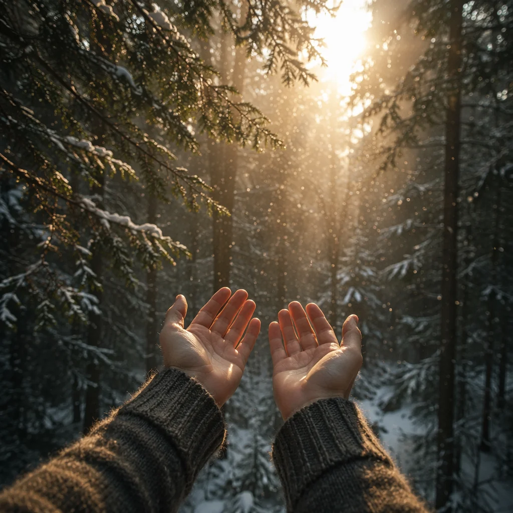 Hands Reaching Toward Evergreen Morning Light