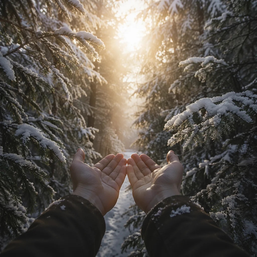 Hands Reaching Toward Golden Forest Light