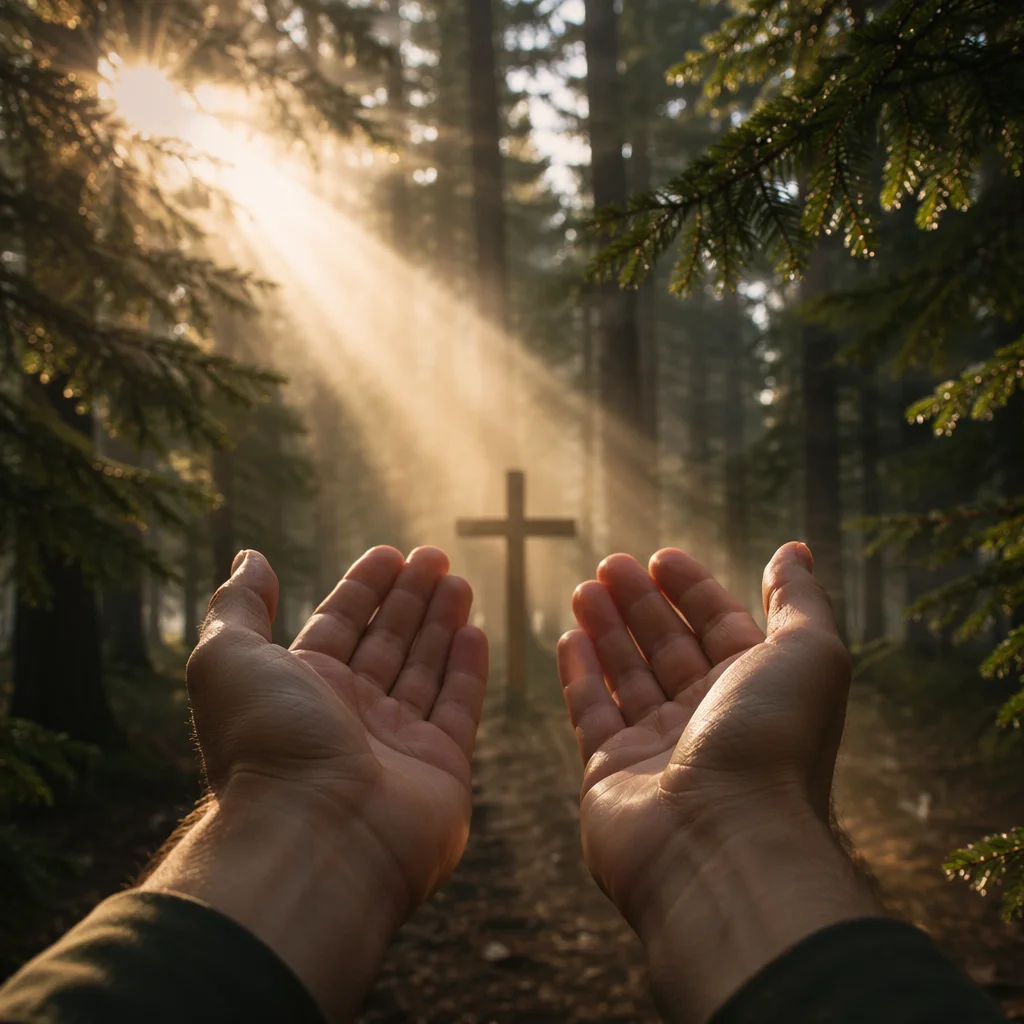 Hands Reaching Toward Light in Evergreen Forest