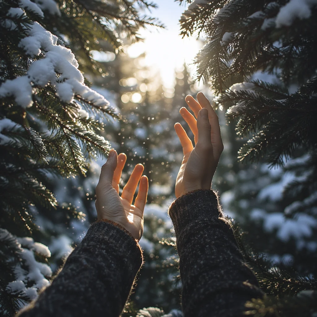 Hands Reaching Toward Winter Evergreen Light