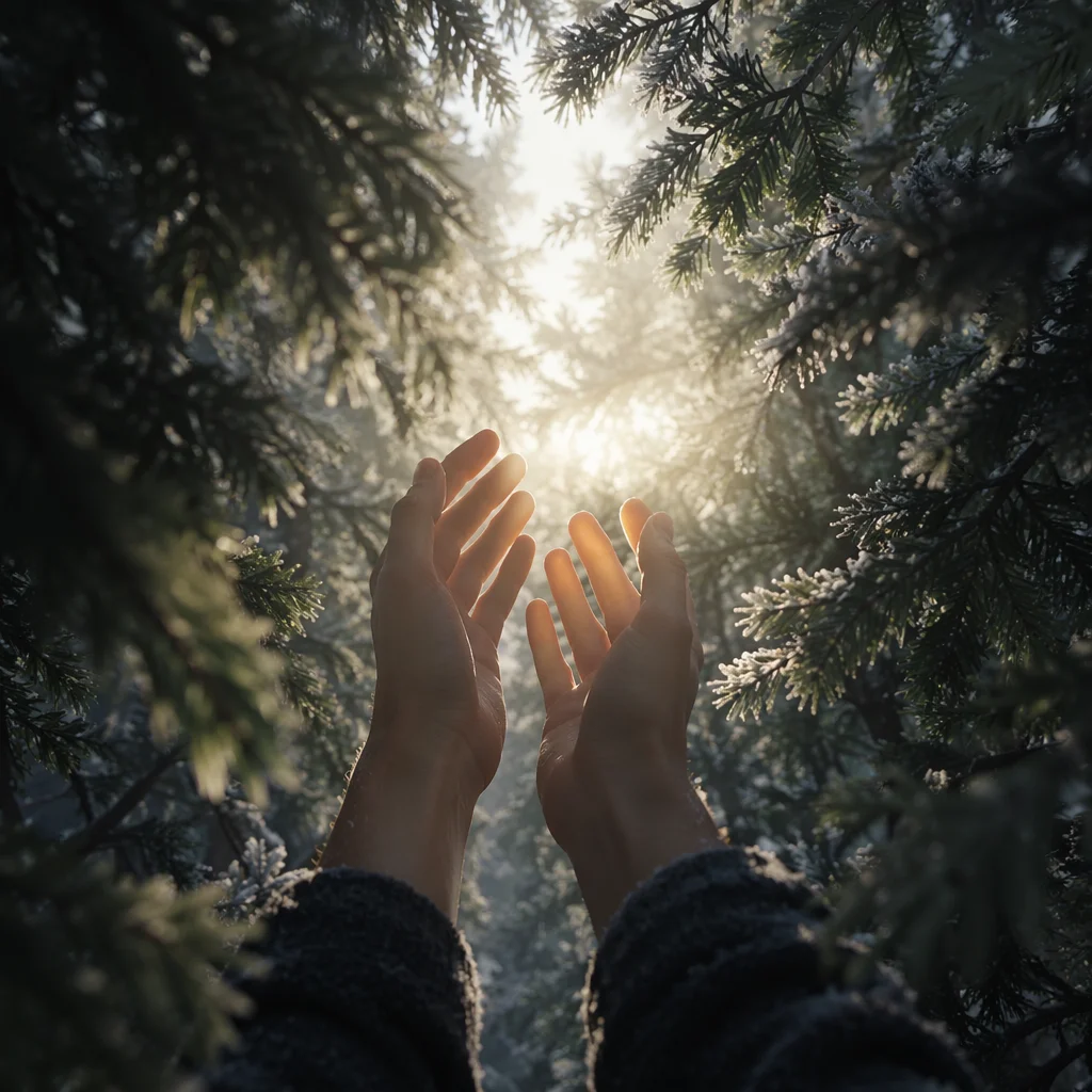 Hands Reaching Through Evergreens Toward Morning Light