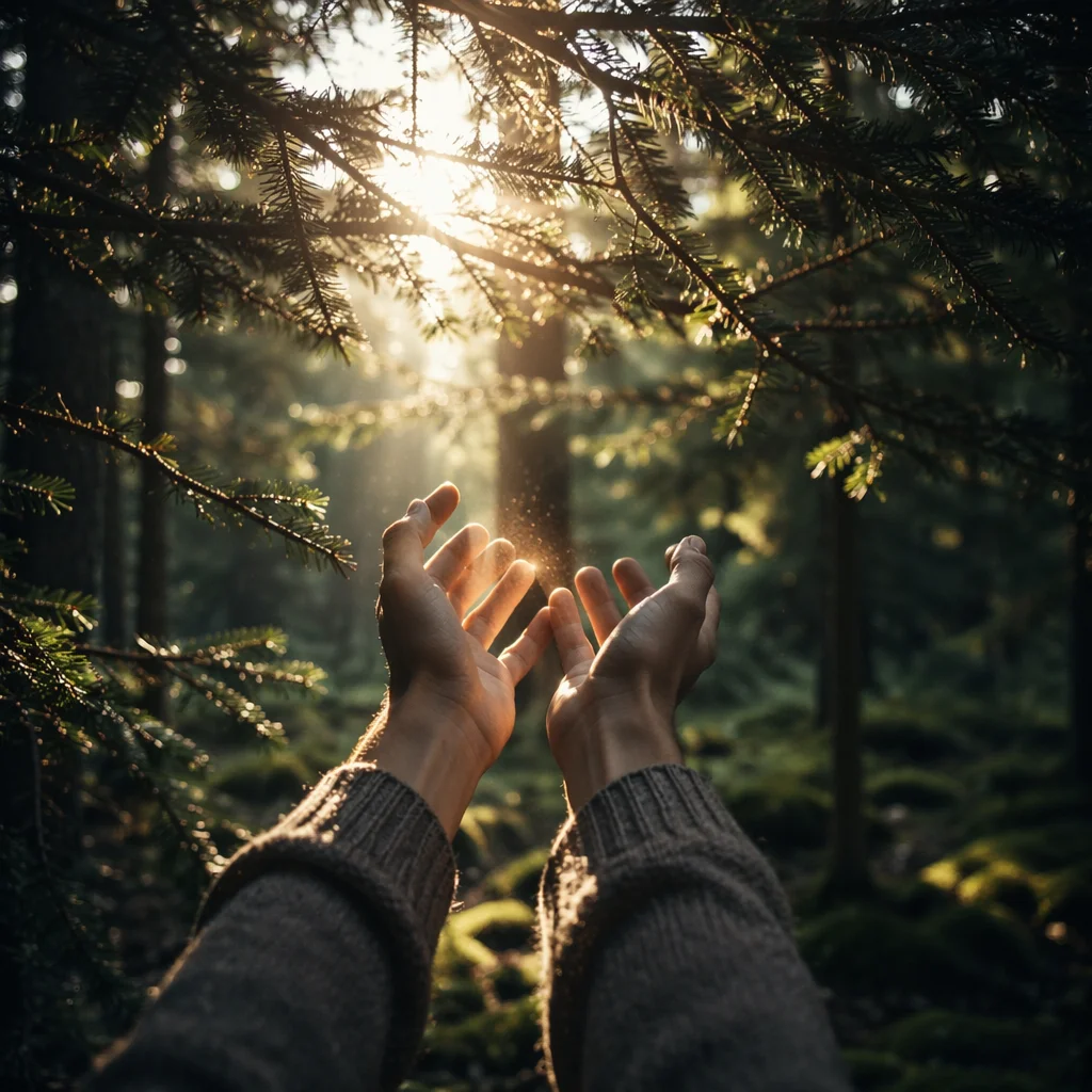 Hands Reaching Toward Morning Forest Light