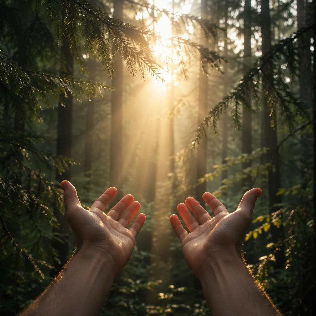 Hands Reaching Toward Light in Evergreens