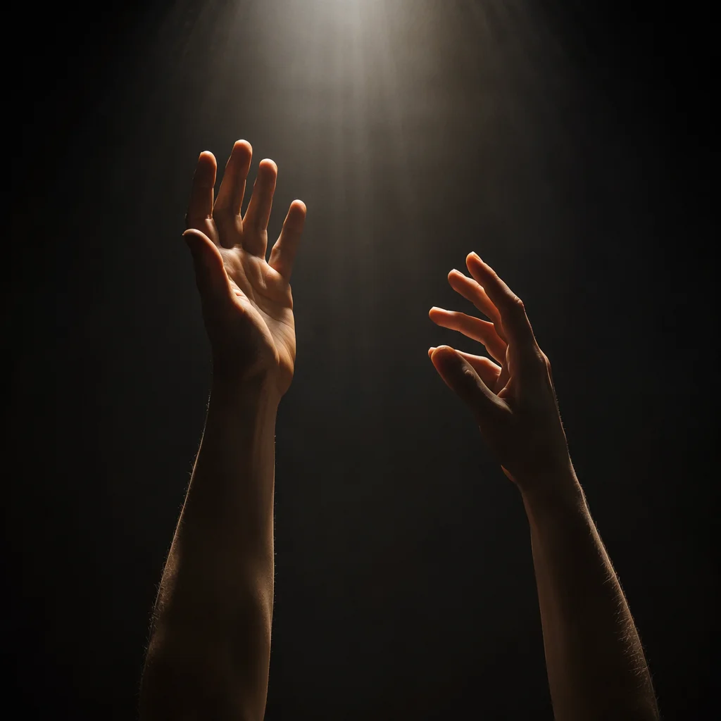 Hands Reaching Toward Hopeful Light