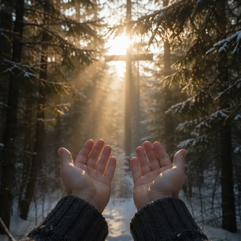Hands Reaching Toward Morning Light in Evergreens