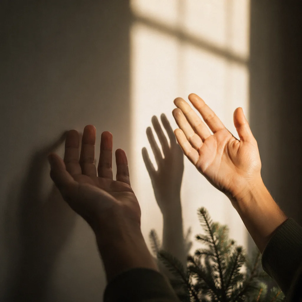 Hands Reaching Toward Sunlit Prayer Wall
