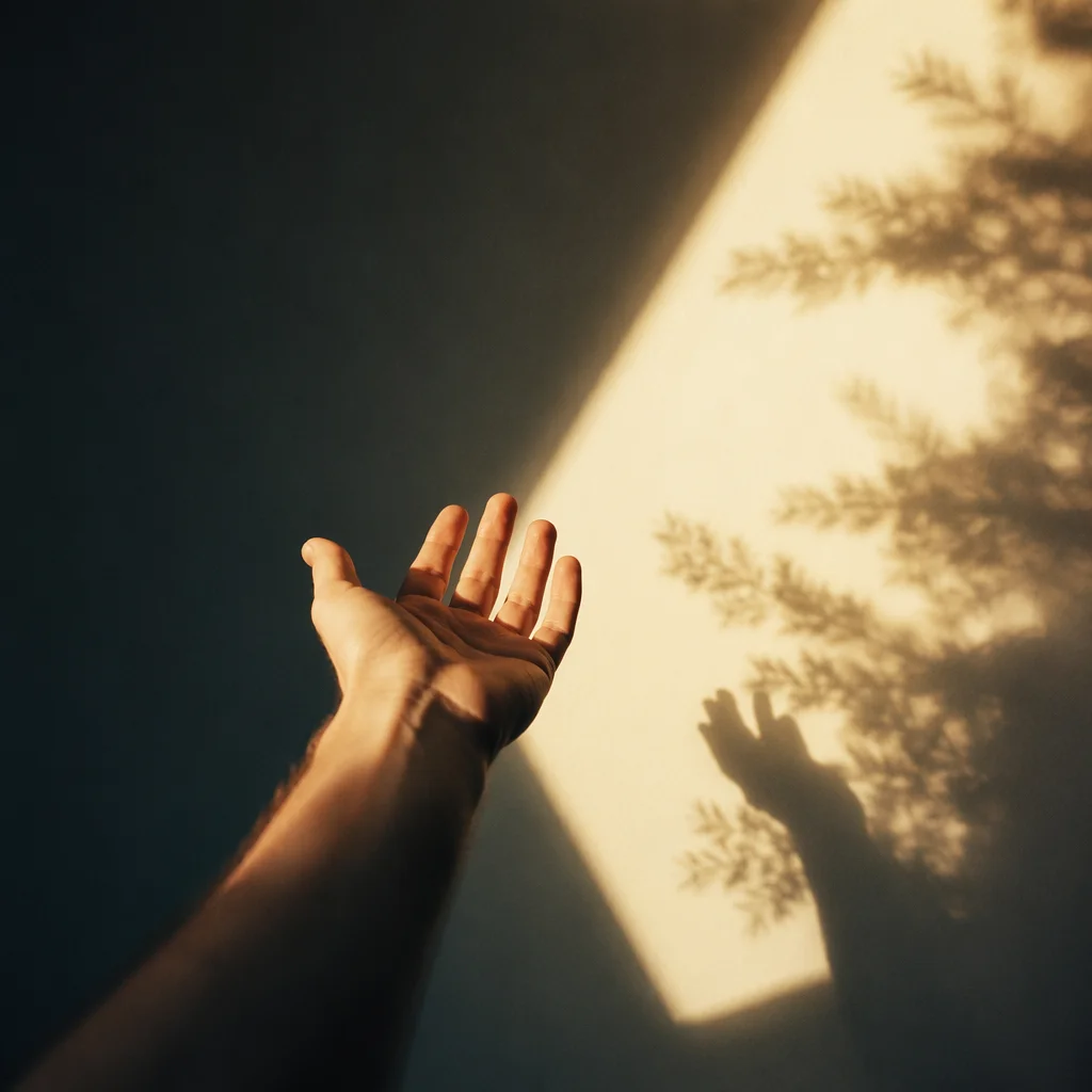 Hand Reaching Toward Golden Prayer Light