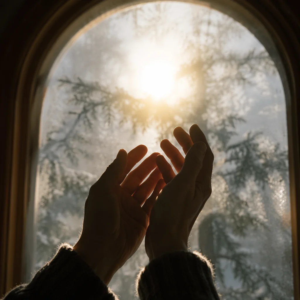 Hands Reaching Toward Winter Prayer Light