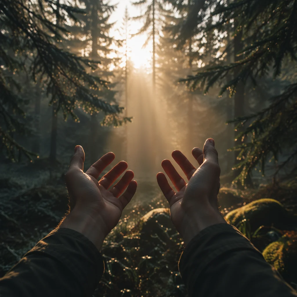 Hands Reaching Toward Morning Light in Pines