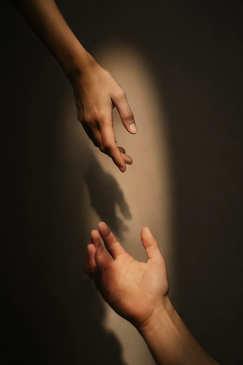 Hands Reaching Toward Hopeful Light