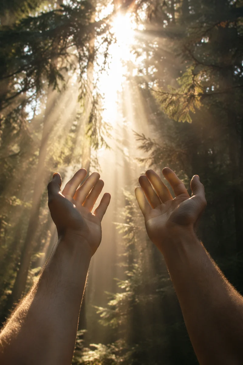 Hands Reaching Toward Forest Light