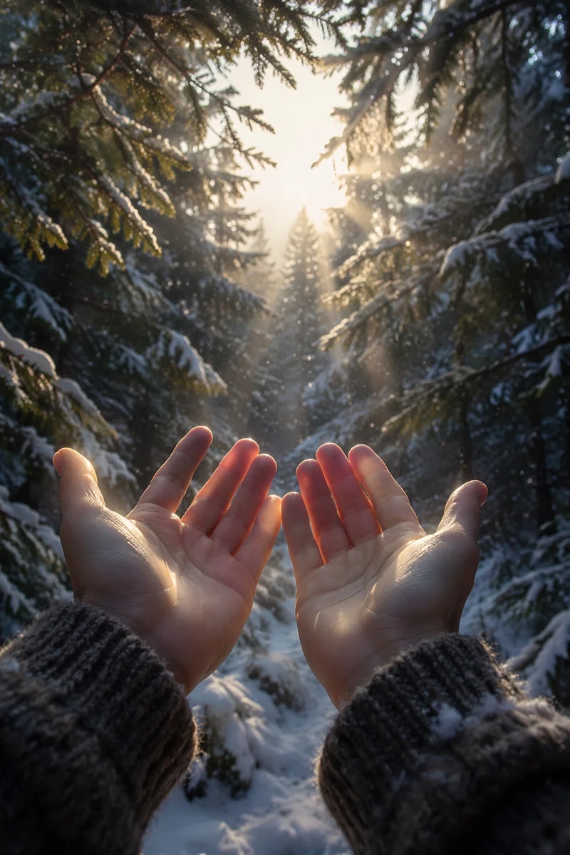 Hands Reaching Toward Evergreen Morning Light