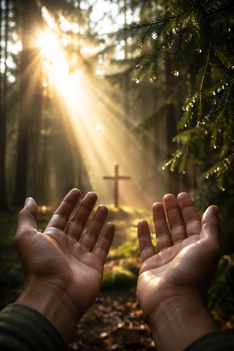 Hands Reaching Toward Morning Forest Light