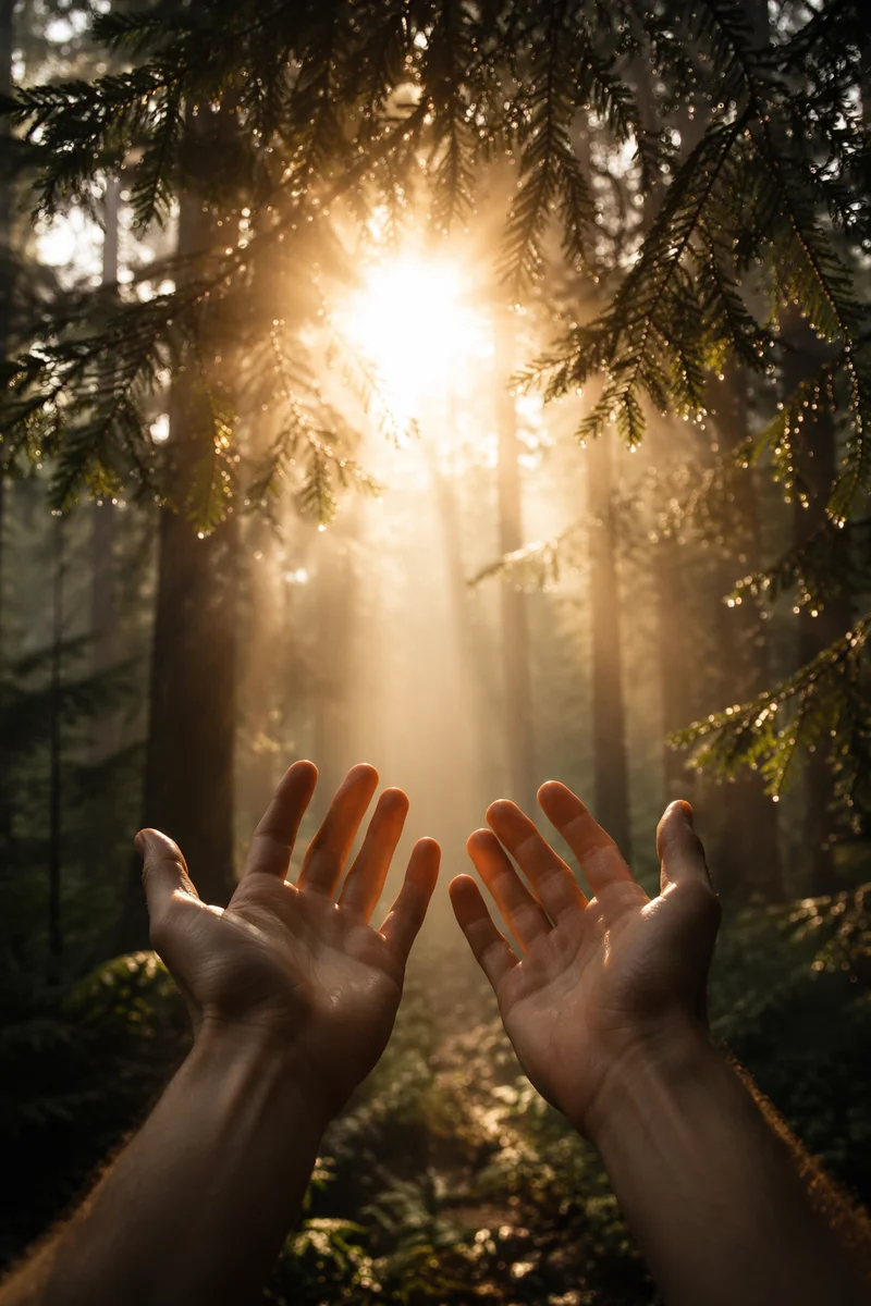 Hands Reaching Toward Golden Forest Light