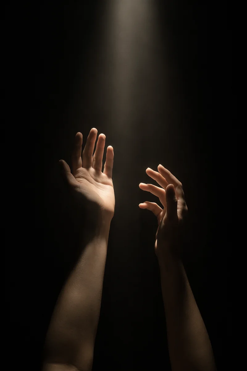 Hands Reaching Toward Hopeful Light