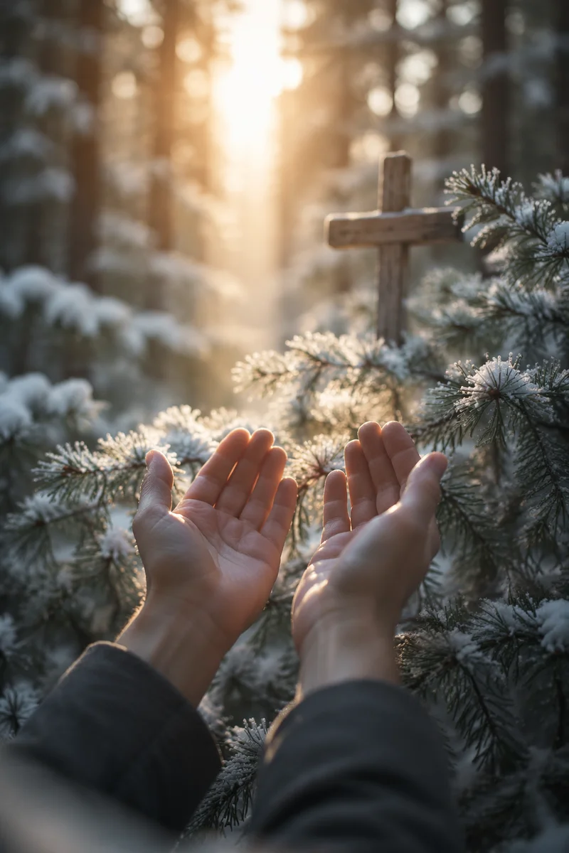 Hands Reaching Toward Winter Forest Light